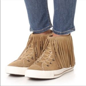 CONVERSE Suede Fringe Tan High Top Lace Up Sneakers Faux Sherpa Lined US 6
